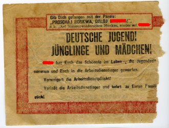 " Feindpropaganda " Flugblatt "Deutsche Jugend! Jünglinge und Mädchen!", ca. DIN A6, russisch, seitlich abgerissen