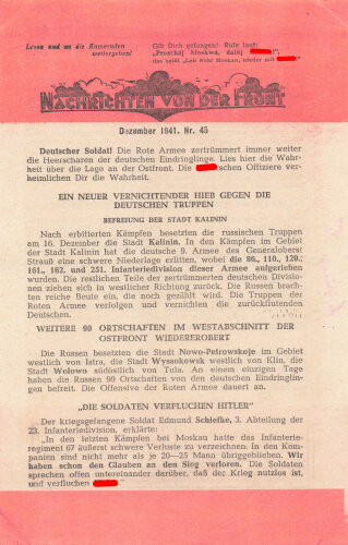 Russland 2.Weltkrieg , Flugblatt "Nachrichten von der Front, Dezember 1941, Nr. 45 / Passierschein", DIN A5, russisch