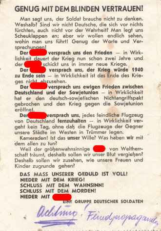 " Achtung Feindpropaganda " Flugblatt "Genug mit dem Blinden Vertrauen!", DIN A5, Sowjetunion