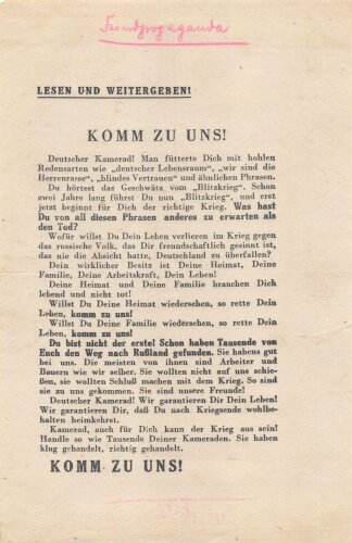 Russland 2.Weltkrieg , Flugblatt "Komm zu...