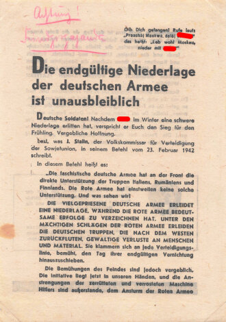 Russland 2.Weltkrieg ,,Flugblatt "Die endgültige Niederlage der deutsche Armee ist unausbleiblich / Passierschein", DIN A5, russisch