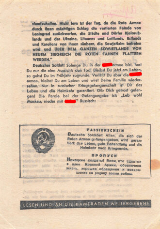 Russland 2.Weltkrieg ,,Flugblatt "Die endgültige Niederlage der deutsche Armee ist unausbleiblich / Passierschein", DIN A5, russisch