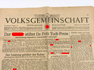 Volksgemeinschaft Heidelberger Beobachter "Der Führer stiftet Dr. Fritz Todt-Preis" Nr. 39, 9. Februar 1944, DIN A3, geknickt