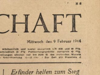 Volksgemeinschaft Heidelberger Beobachter "Der Führer stiftet Dr. Fritz Todt-Preis" Nr. 39, 9. Februar 1944, DIN A3, geknickt
