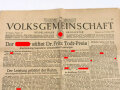 Volksgemeinschaft Heidelberger Beobachter "Der Führer stiftet Dr. Fritz Todt-Preis" Nr. 39, 9. Februar 1944, DIN A3, geknickt