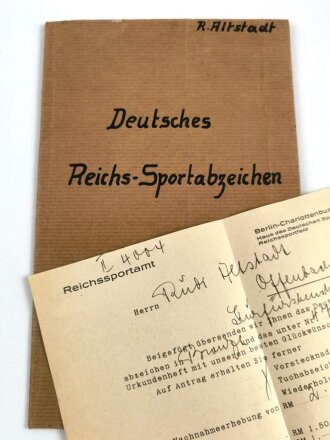 Deutsches Reichs-Sportabzeichen Heft und Schreiben, datiert 1937, im Schutzumschlag