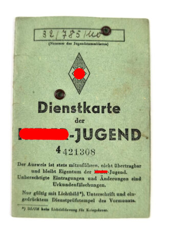 Dienstkarte der Hitler-Jugend einer Angehörigen aus...