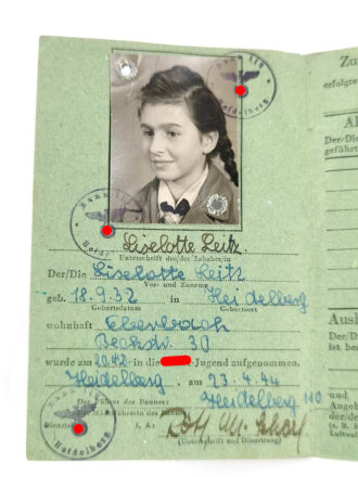 Dienstkarte der Hitler-Jugend einer Angehörigen aus Heidelberg