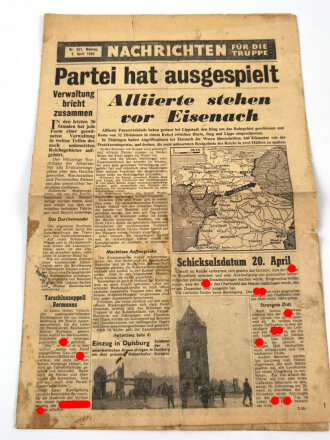 Aliiertes Flugblatt "Nachrichten für die Truppe - Partei hat ausgespielt" stark gebraucht, Nr. 351, 2. April 1945