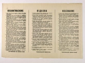 Flugblatt/Plakat "Bekanntmachung", DIN A3, geknickt, deutsch/ukrainisch/russisch