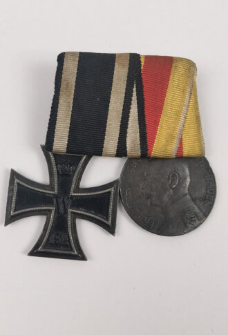 1. Weltkrieg, 2er Ordensspange mit Eisernen Kreuz 2. Klasse 1914, Hersteller LW und Silberne Verdienstmedaille Friedrich II. 1908