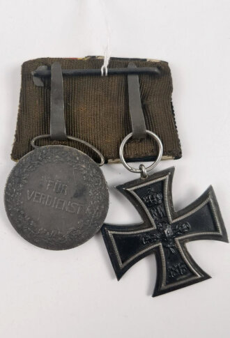 1. Weltkrieg, 2er Ordensspange mit Eisernen Kreuz 2. Klasse 1914, Hersteller LW und Silberne Verdienstmedaille Friedrich II. 1908