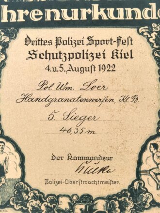 "Ehrenurkunde Handgranatenwerfen" Drittes Polizei Sport Fest Schutzpolizei Kiel 4. u. 5. August 1922, über DIN A4