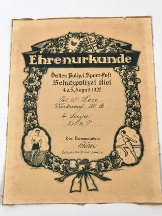 "Ehrenurkunde" Drittes Polizei Sport Fest Schutzpolizei Kiel 4. u. 5. August 1922, über DIN A4