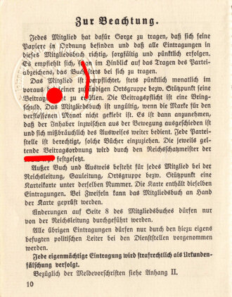 Seite eines Parteibuch der NSDAP, datiert 1940