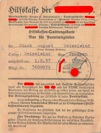 Hilfskassen-Quittung der N.S.D.A.P., Gau Franken, datiert 1937