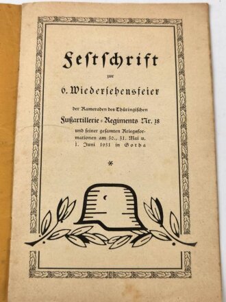 6. Regimentstag des Thür. Fuß-Artillerie-Reg. 18 Gotha, datiert 1931, 16 Seiten