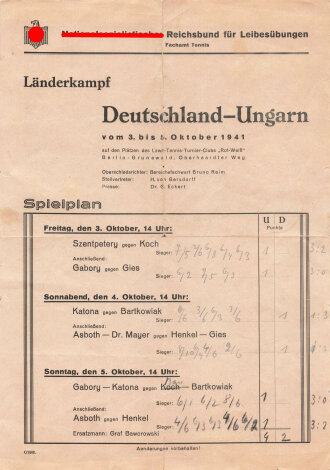 Spielplan NS Reichsbund für Leibesübungen, Fachamt Tennis, Länderkampf Deutschland - Ungarn vom 3. bis 5. Oktober 1941, DIN A4