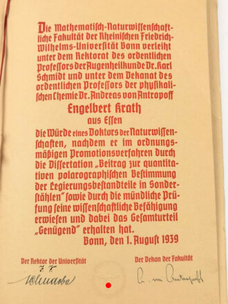 Universität Essen,  Verleihung eines Doktor Titels der Naturwissenschaften, datiert 1939