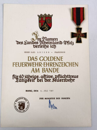 Rheinland- Pfalz, Feuerwehr- Ehrenzeichen für 40 Jahre in Gold mit dazugehörigen Urkunde