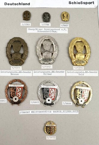 Deutschland nach 1945, Sammlung 10 Stück Abzeichen zum Thema "Schießsport" jeweils komplett mit Nadel bzw. Nadelsystem