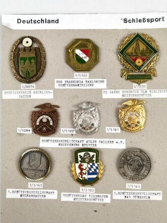 Deutschland nach 1945, Sammlung 9 Stück Abzeichen zum Thema "Schießsport" jeweils komplett mit Nadel bzw. Nadelsystem