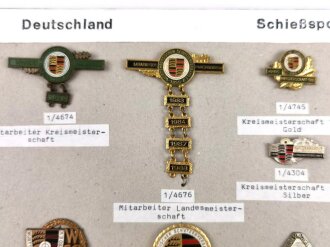 Deutschland nach 1945, Sammlung 7 Stück Abzeichen zum Thema "Schießsport" jeweils komplett mit Nadel bzw. Nadelsystem