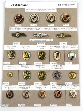 Deutschland nach 1945, Sammlung 22 Stück Abzeichen zum Thema "Schießsport" jeweils komplett mit Nadel bzw. Nadelsystem