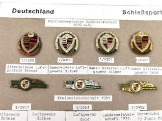 Deutschland nach 1945, Sammlung 22 Stück Abzeichen zum Thema "Schießsport" jeweils komplett mit Nadel bzw. Nadelsystem