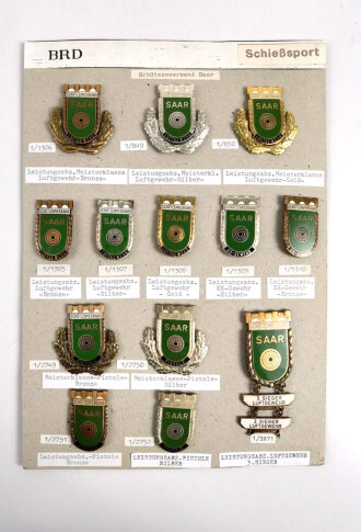 Deutschland nach 1945, Sammlung 17 Stück Abzeichen zum Thema "Schützenverband Saar" jeweils komplett mit Nadel bzw. Nadelsystem
