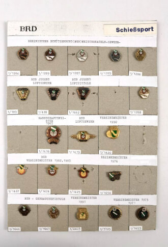 Deutschland nach 1945, Sammlung 21 Stück Abzeichen zum Thema "Rheinischer Schützenbund" jeweils komplett mit Nadel bzw. Nadelsystem