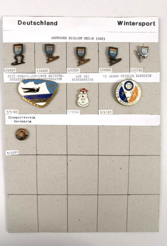 Deutschland nach 1945, Sammlung 9 Stück Abzeichen zum Thema "Wintersport " jeweils komplett mit Nadel bzw. Nadelsystem