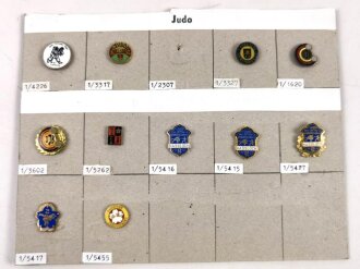 Deutschland nach 1945, Sammlung 11  Stück Abzeichen zum Thema "Judo " jeweils komplett mit Nadel bzw. Nadelsystem
