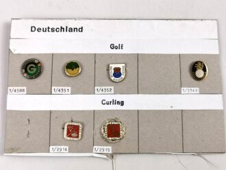 Deutschland nach 1945, Sammlung 4 Stück Abzeichen zum Thema "Golf" und 2 zum Thema Curling jeweils komplett mit Nadel bzw. Nadelsystem