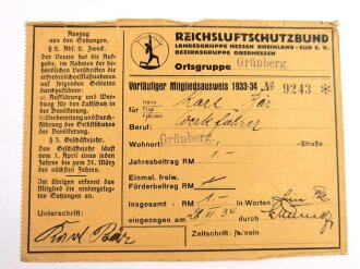 Mitgliedsausweis und vorläufiger Mitgliedsausweis Reichsluftschutzbund Landesgruppe Giessen, ausgestellt 1934