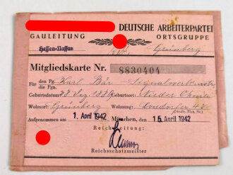 Nationalsozialistische Deutsche Arbeiterpartei, Gauleitung Hessen-Nassau, Mitgliedskarte, aufgenommen 1942
