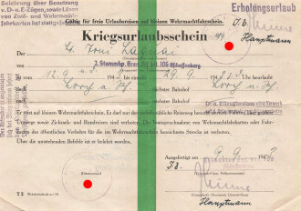 "Kriegsurlaubschein" eines Angehörigen der 2. Stammkp. Gren. Erf. btl. 106 Aschaffenburg, datiert 1943