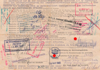 "Kriegsurlaubschein" eines Angehörigen der Dienststelle 20 730 D, und kleiner Wehrmachtsfahrschein Teil 2, datiert 1943
