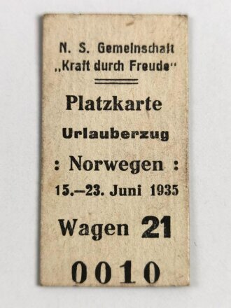 NS Gemeinschaft Kraft durch Freude, Platzkarte Urlauberzug Norwegen, 15.-23. Juni 1935, dickerer Karton