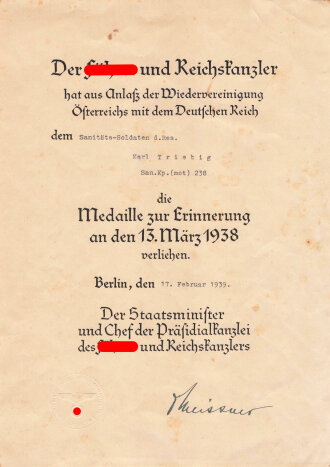 Verleihungsurkunde 13. März 1938 an einen...