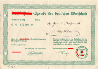 Spendenbescheinigung Adolf-Hitler-Spende der deutschen Wirtschaft, Naststätten 1937
