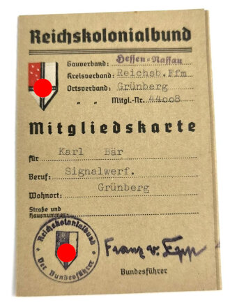 Reichskolonialbund "Mitgliedskarte" Gauverband Hessen-Nassau, datiert 1937