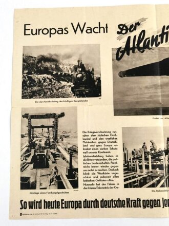 Reichspropaganda Plakat "Europas Wacht der Atlantikwall im Westen" 13. Folge 2.-9.5.1943, gebraucht und geknickt, Maße: 56x40 cm