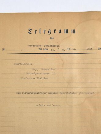 Telegram aus Wiesbaden für Oberfeldwebel Josef Wurmheller zur Gratulation zum Ritterkreuz, stark gebraucht, DIN A4