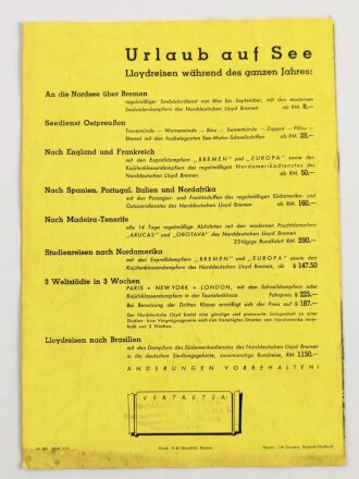 DIN A4 Prospekt "LLoyd Reisen 1934, Norddeustcher Lloyd Bremenl" Fahrplan, Preise,...