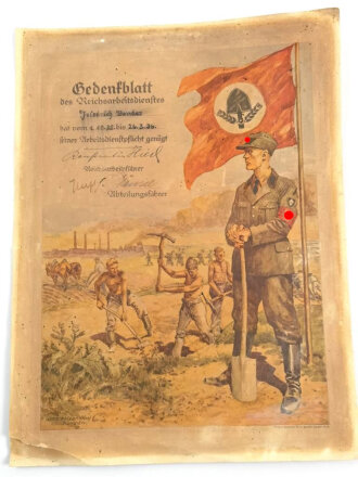 Gedenkblatt des Reichsarbeitsdienstes. Maße 32,5 x 43cm. Vermutzt, die Kanten beschädigt