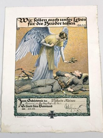1.Weltkrieg,  Gedenkblatt für einen Angehörigen im. Res.Jäg.Regt. zu Pferd Nr.1. Maße 40 x 52cm, die Ränder beschädigt