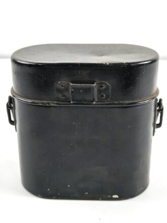 Belgien, Kochgeschirr Form 1.Weltkrieg, schwarzer Originallack, Hersteller "Buisset Vilvorde" 12 x 17, 5 x 9,5 cm