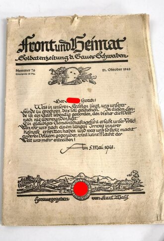 "Front und Heimat" Soldatenzeitung des Gaues Schwaben. 3 Ausgaben von 1943