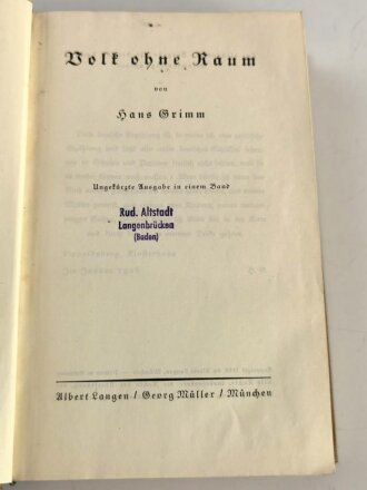 "Volk ohne Raum" von Hans Grimm. Mit Widmung eines Hauptamnn und Kompanie Chef von 1939/40, 1299 Seiten, DIN A5, gebraucht